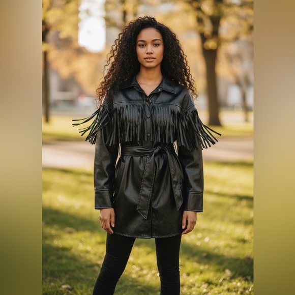 Vintage style SHEIN Black Faux Leather Fringe Belted Jacket - Picture 13 of 16